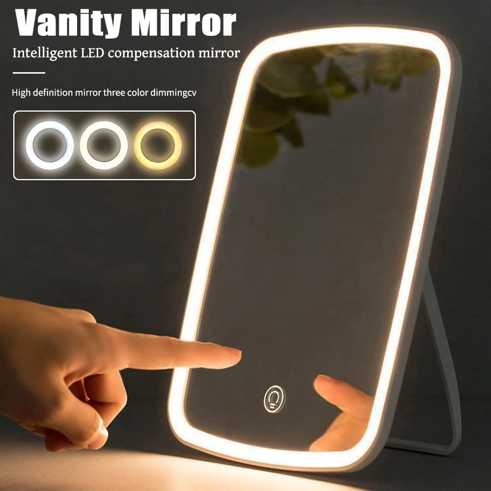 Gương Để Bàn Đèn LED Gương Cảm Ứng Để Bàn Trang Điểm Gương Có 3 Chế Độ Sáng Đổi Màu Sạc USB 23x16cm
