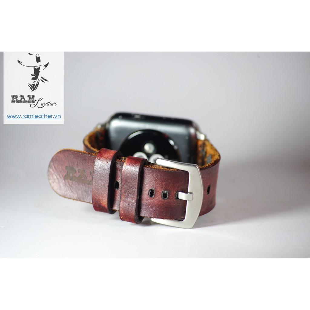 DÂY APPLE WATCH DA BÒ VEGTAN Ý NHUỘM THỦ CÔNG MÀU BURGUNDY - RAM SIMPLE TRỐNG ĐỒNG