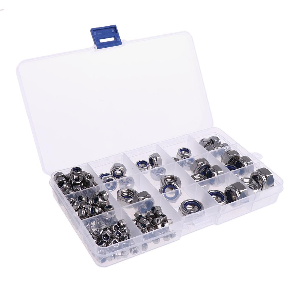 Assorted 304 Steel Nylon Lock Nuts Assortment Kit -M3 M4 M5 M6 M8 M10 M12