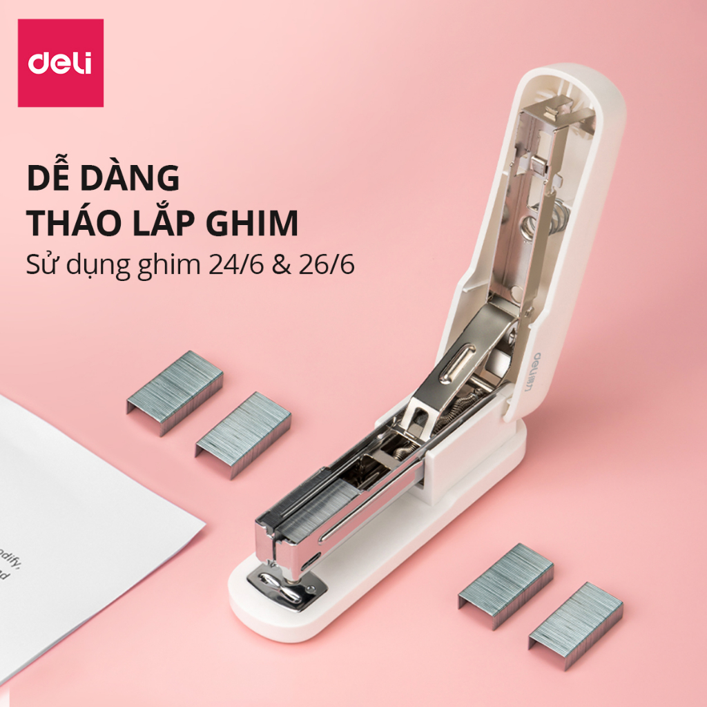 Dập ghim học sinh văn phòng mini Deli 25 trang, Ghim bấm giấy số 12 màu pastel, nhỏ gọn, tiện lợi
