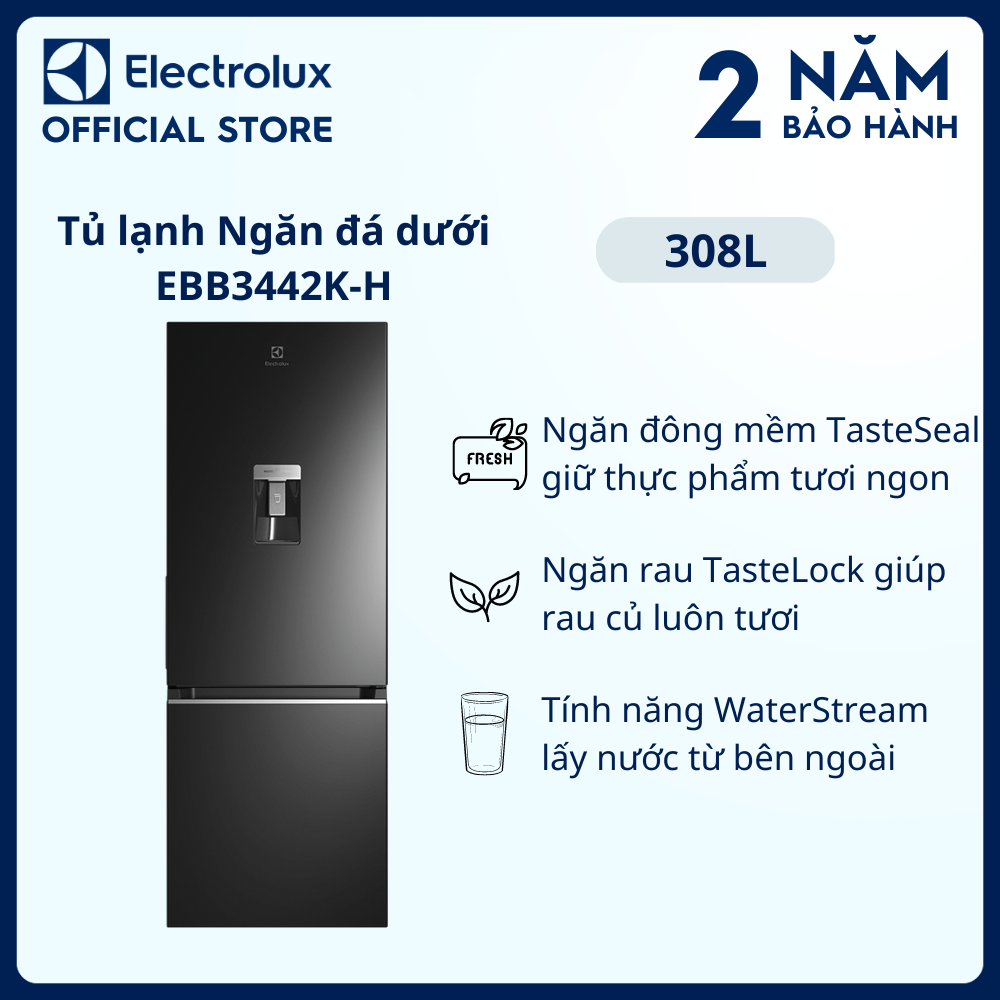 [Freeship] Tủ lạnh Electrolux Inverter ngăn đá dưới có ngăn đông mềm 308 lít - EBB3442K-H - Lấy nước từ bên ngoài, khử mùi diệt khuẩn, ngăn đá xoay [Hàng chính hãng]