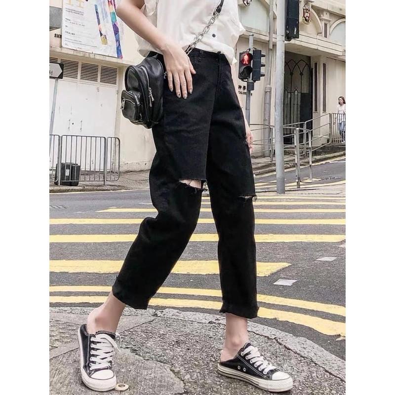 BAGGY JEAN ĐEN RÁCH GỐI 2 BÊN
