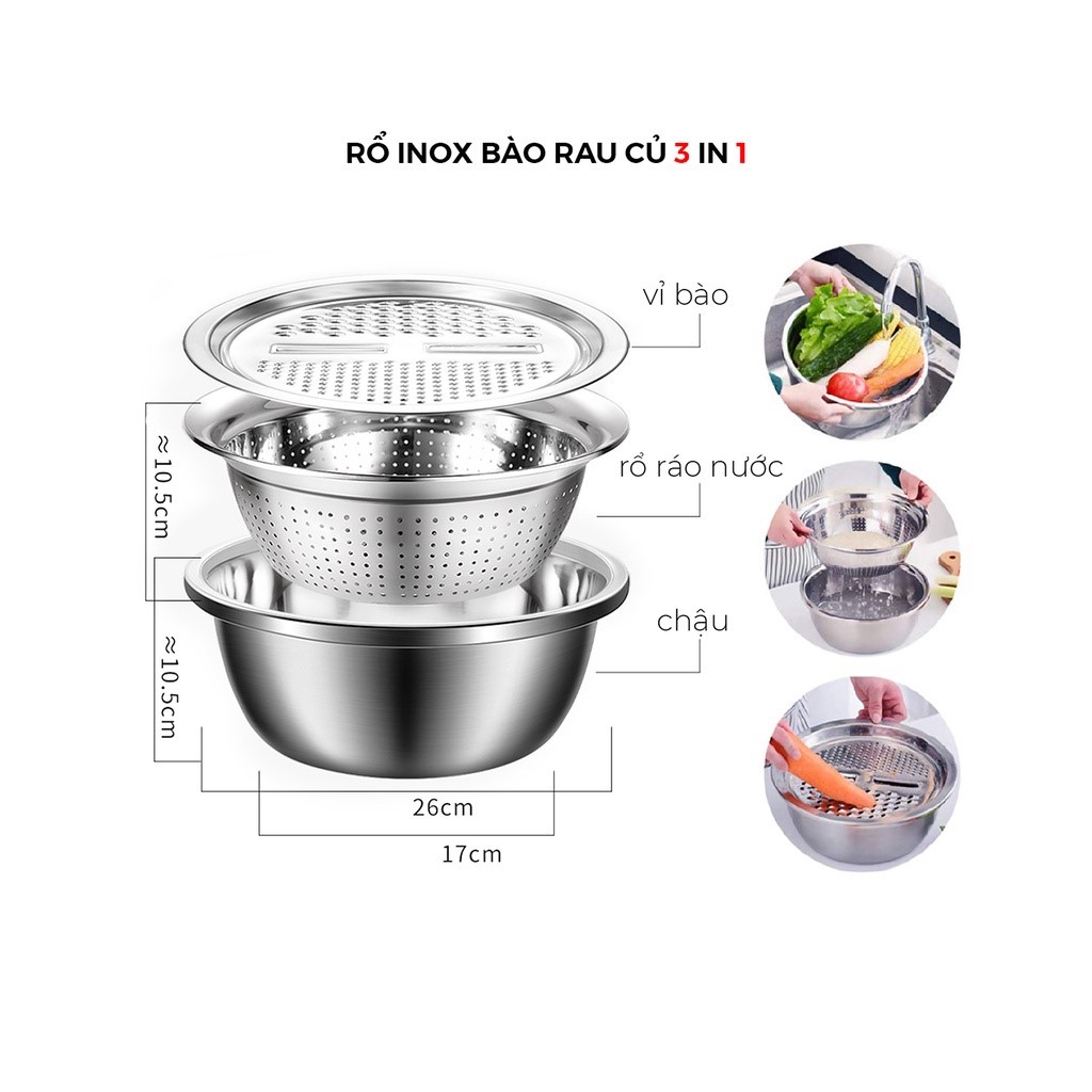 Bộ Nạo Rau Củ 3 Món - Rổ Nạo Rau Củ Kiêm Rổ Chậu Inox Cao Cấp Đa Năng Tiện Lợi - Thiết Kế Hiện Đại