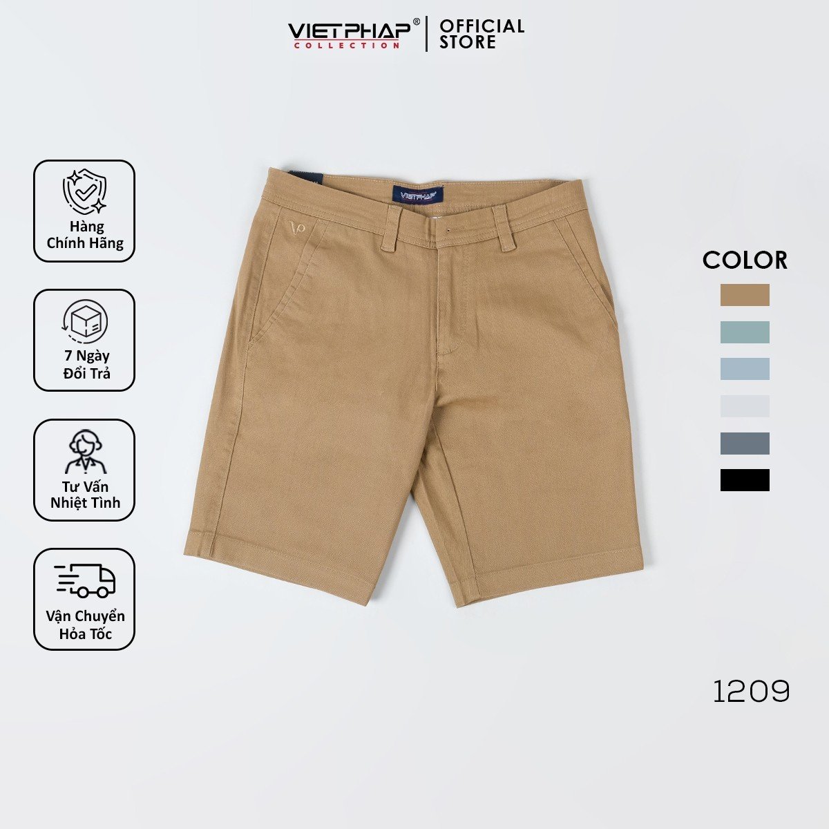 Quần Short Kaki Cao Cấp VIỆT PHÁP/ Form basic/ thêu logo sườn, chất liệu dệt cotton mềm mịn hút mồ hôi, không phai màu 1209