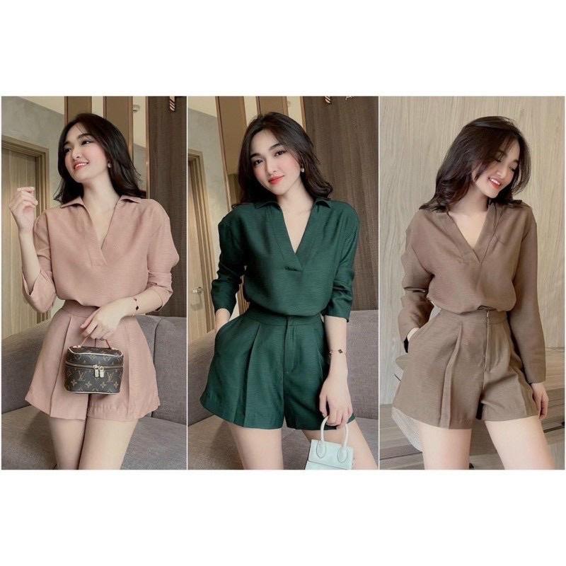 Sét áo tau dài cổ chữ V kèm quần thời trang cá tính