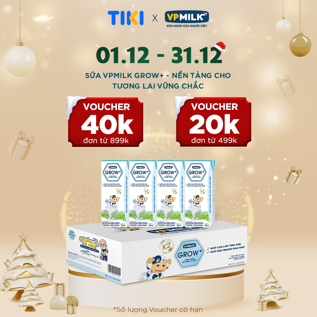Sữa Tiệt Trùng Ít Đường VPMilk Grow+ Hộp 180ml