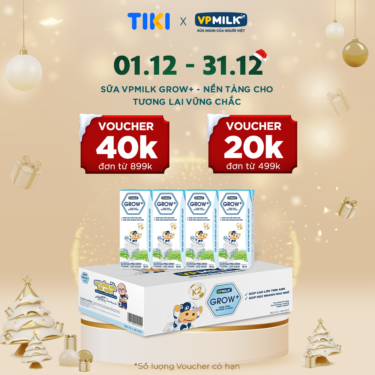 Sữa Tiệt Trùng Ít Đường VPMilk Grow+ Hộp 180ml (Thùng 48 Hộp)