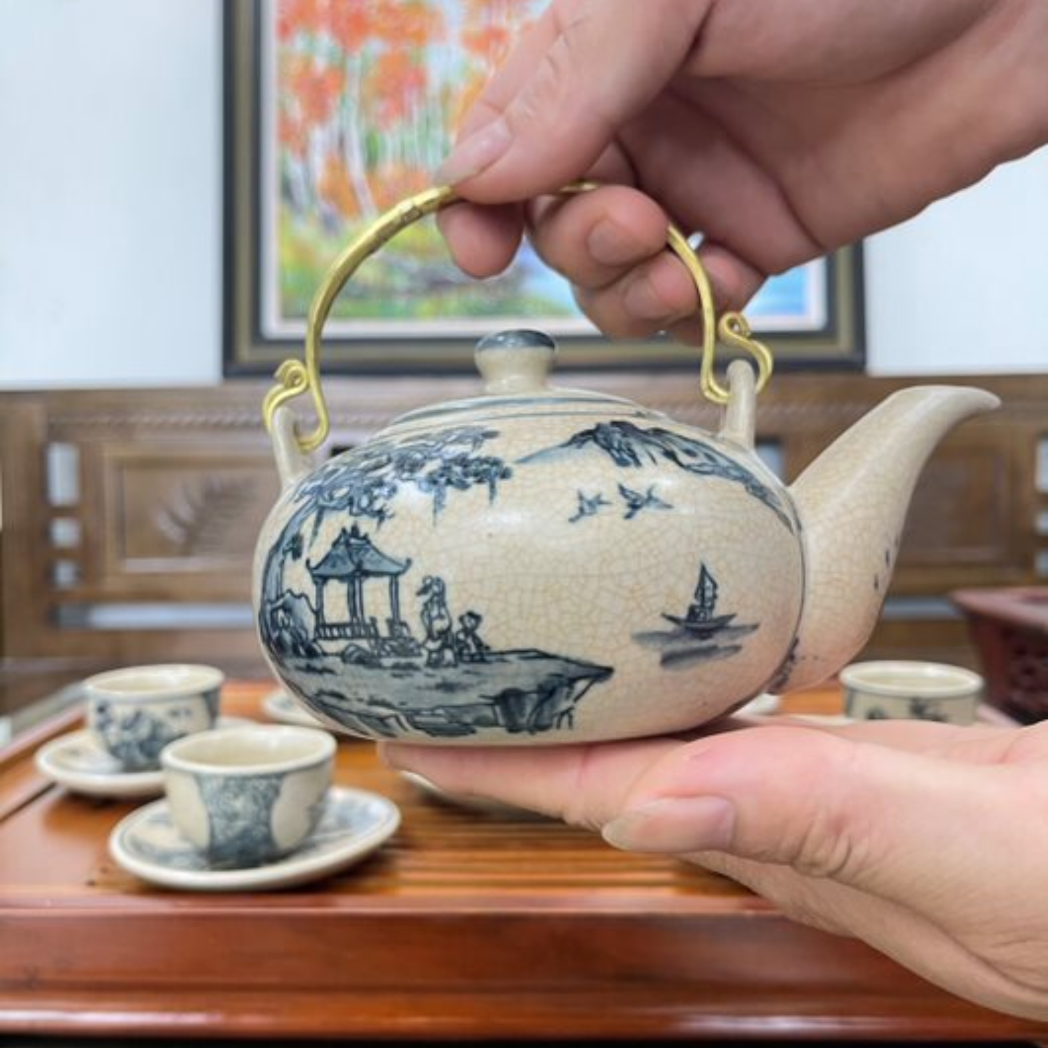 Bộ ấm chén uống trà cao cấp , bộ ấm trà Bát Tràng - sơn thủy hữu tình