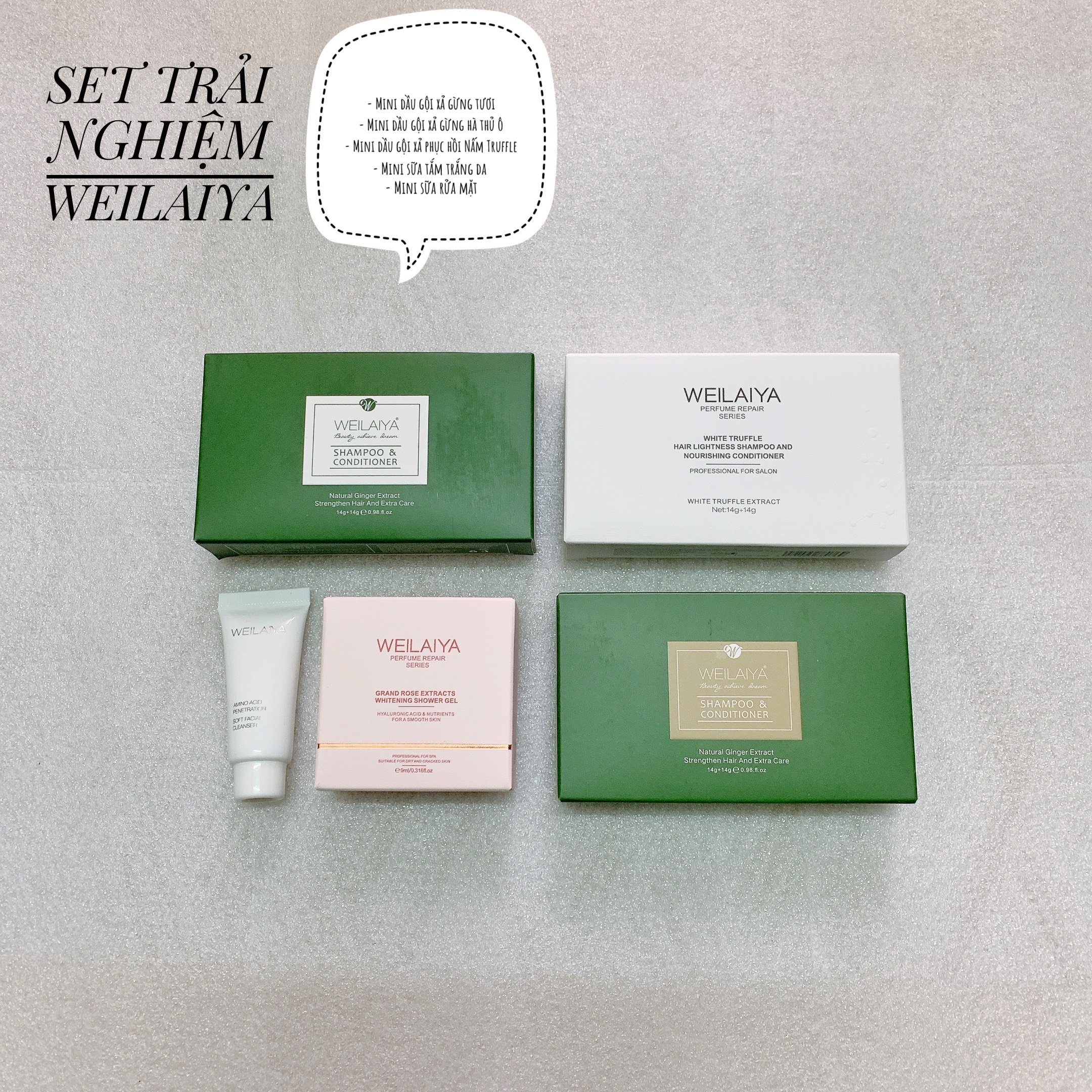 Set trải nghiệm sản phẩm Weilaiya - Dầu gội xả gừng, Dầu gội xả phục hồi nấm Truffle, Sữa tắm và Sữa rửa mặt