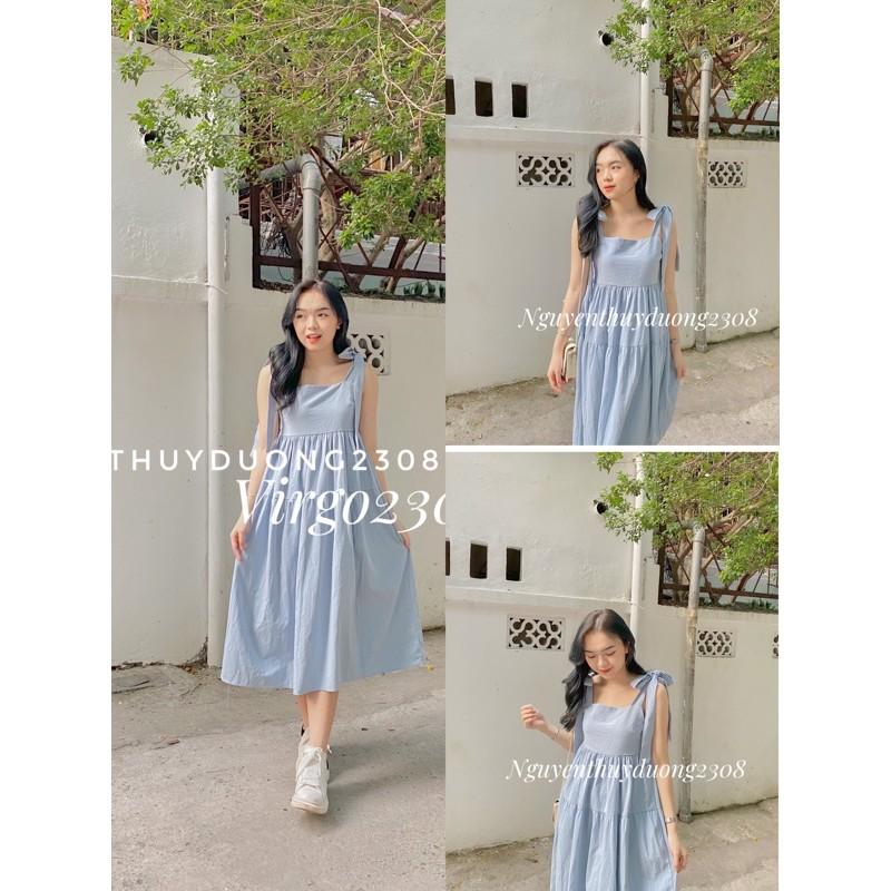 Váy thô đũi dáng babydoll 2 dây nơ vai/Đầm thô đũi babydoll