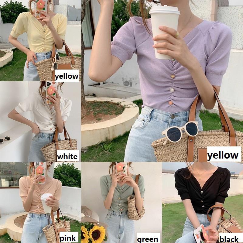 Áo Thun Dệt Kim Tay Phồng Cổ Chữ V Màu Trơn Thời Trang Cho Nữ