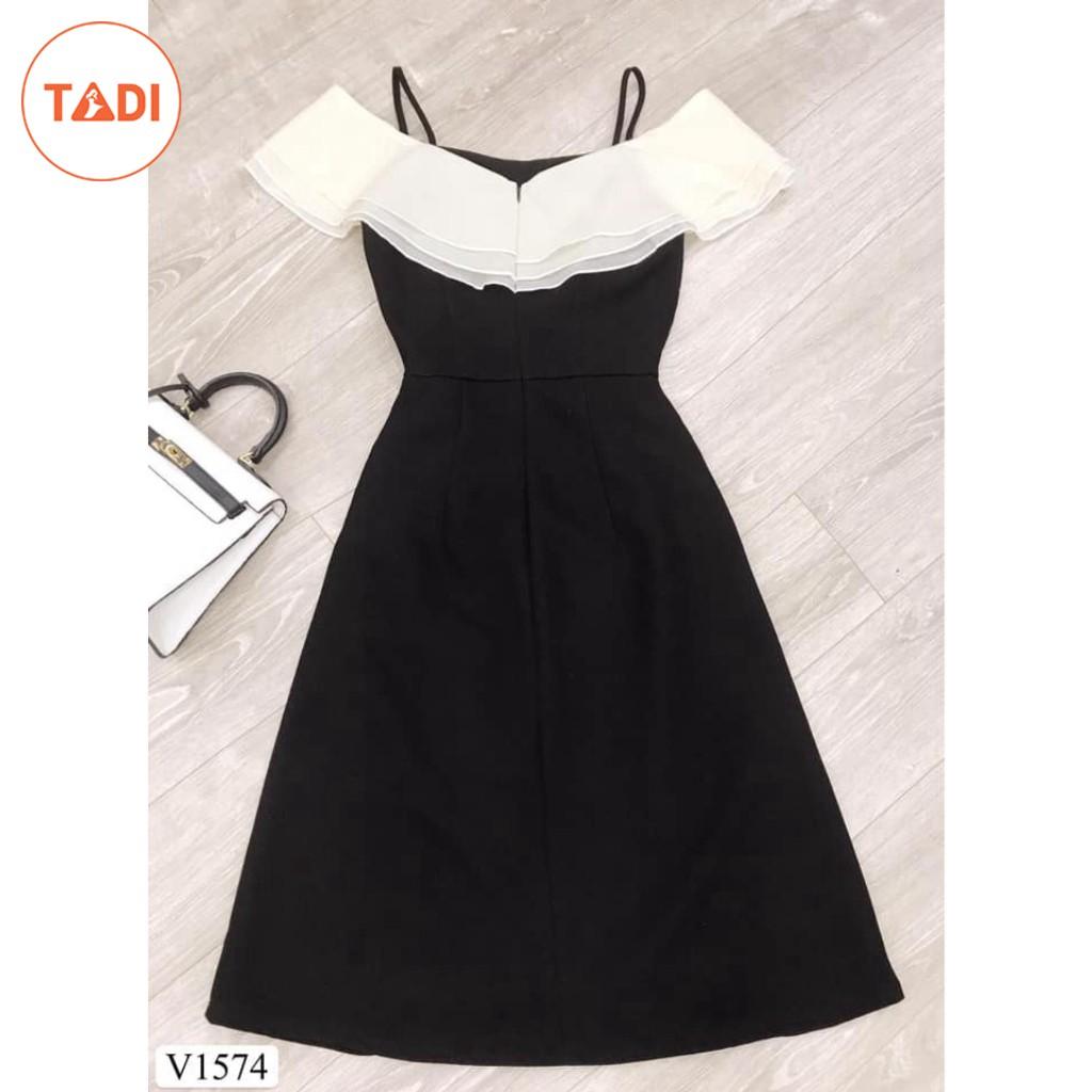 Đầm dự tiệc 2 dây trễ vai màu đen V1574