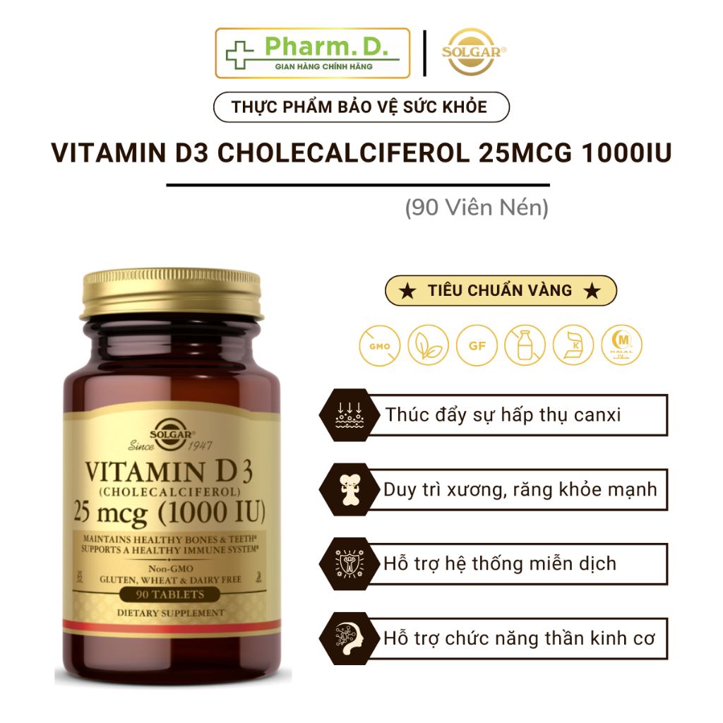 Viên Uống Solgar Bổ Sung Vitamin D3 25mcg 1000IU Hỗ Trợ Tăng Cường hấp Thụ Canxi (Hộp 90 Viên)