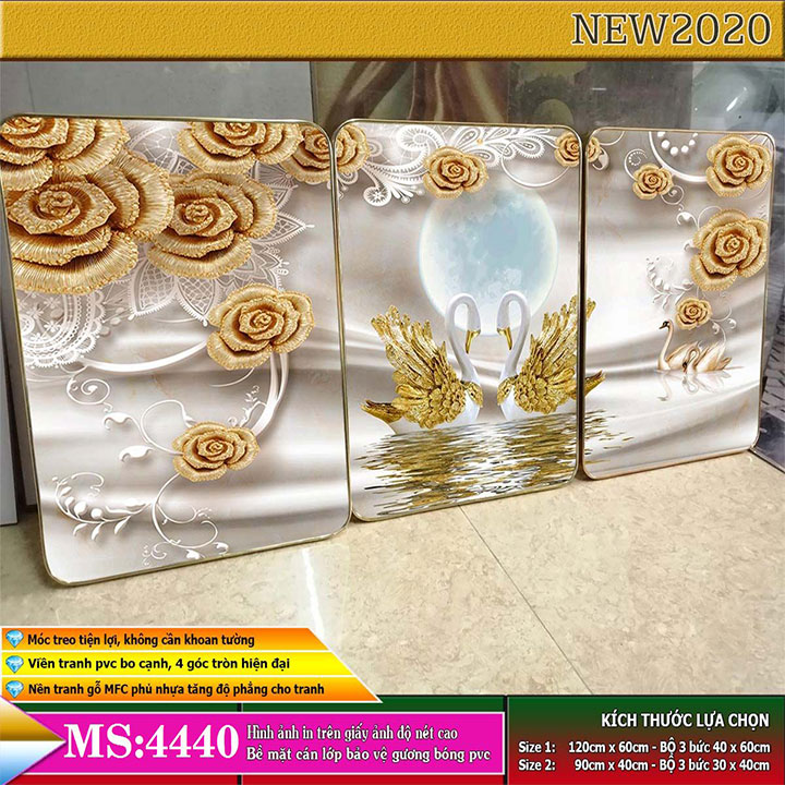 Bộ tranh treo tường 3 tấm trang trí phòng khách, phòng ngủ phong cách mỹ thuật hiện đại chất liệu cán pvc gương:4440L15S