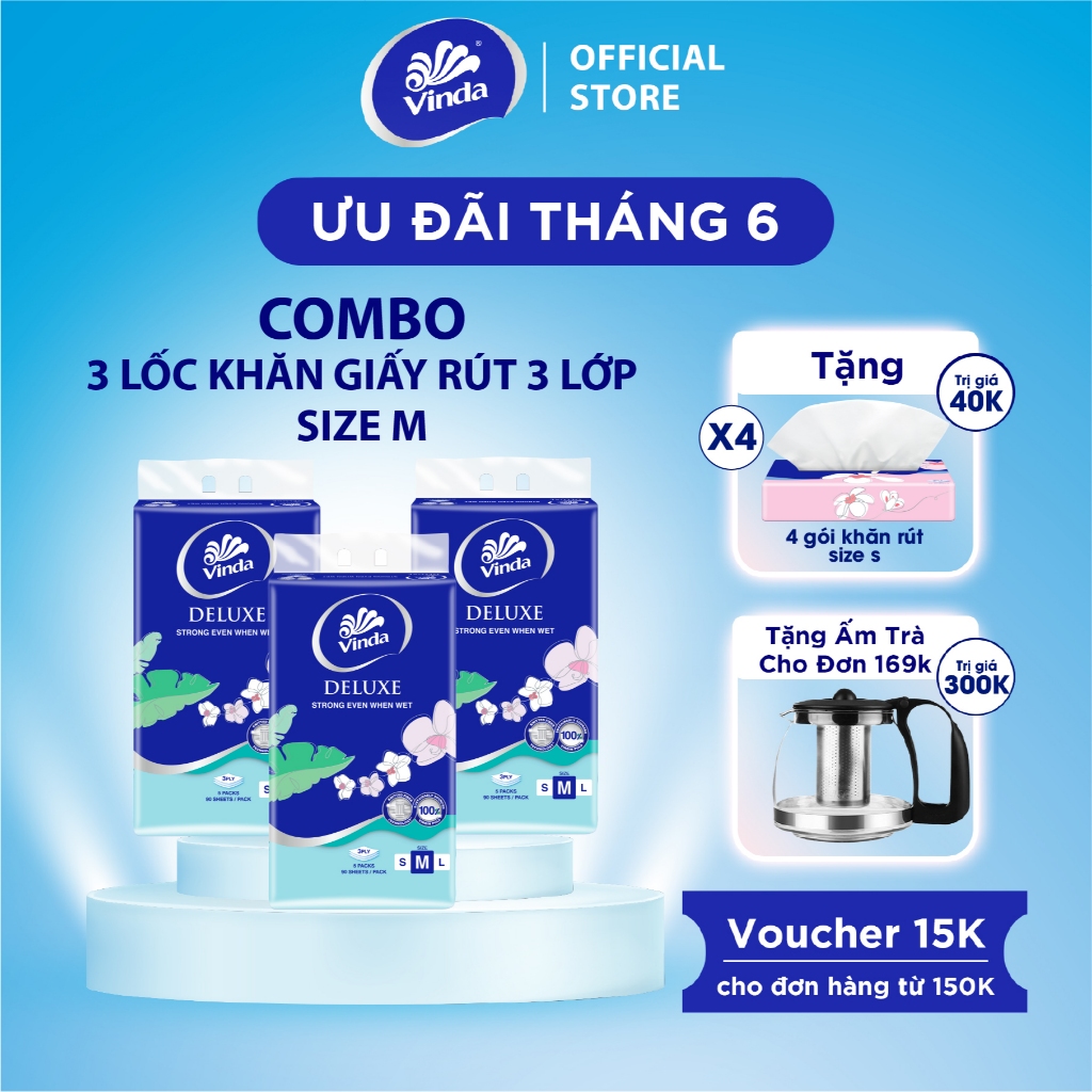 [MUA 3 LỐC KHĂN RÚT SIZE M TẶNG 1 LỐC SIZE S] Khăn giấy rút cao cấp Vinda Deluxe 3 lớp 90 tờ size M (5 Gói)
