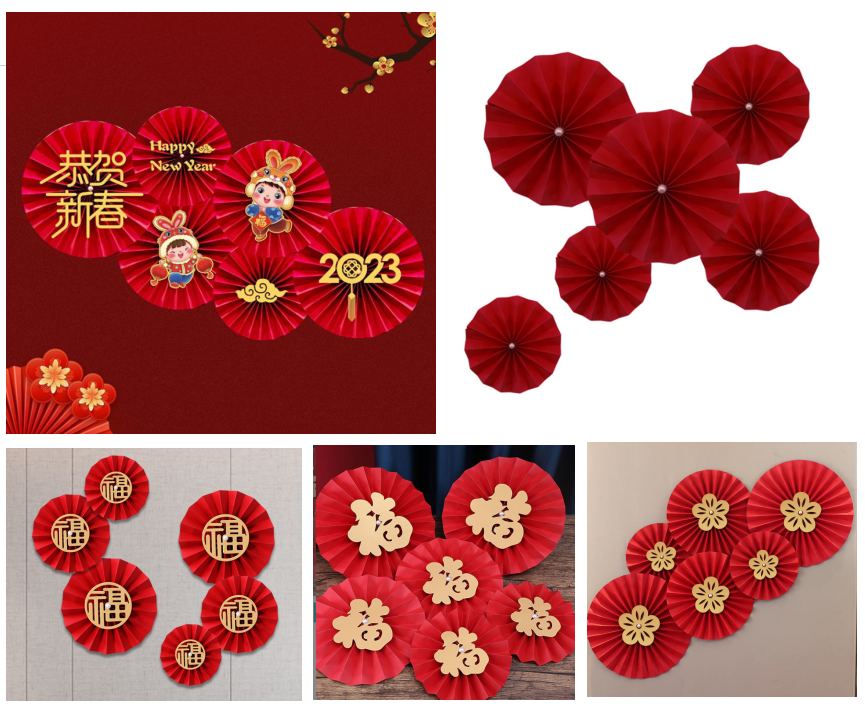 Set 6 quạt đỏ trang trí hoa chữ trang trí tết xuân