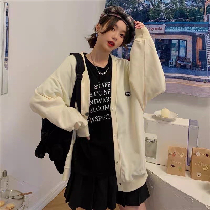 Áo khoác Cardigan nữ THÊU LOGO chất nỉ dày dặn phối nút 2 túi rộng nam nữ unisex