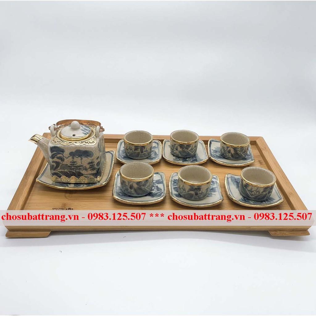 Bộ ấm chén rạn bọc đồng vuông
