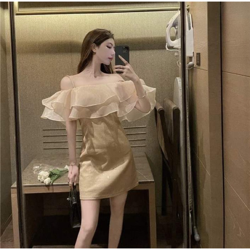 Váy 2 Dây Phối Viền Lá Sen Lấp Lánh Thời Trang Xin Xắn Cho Nữ