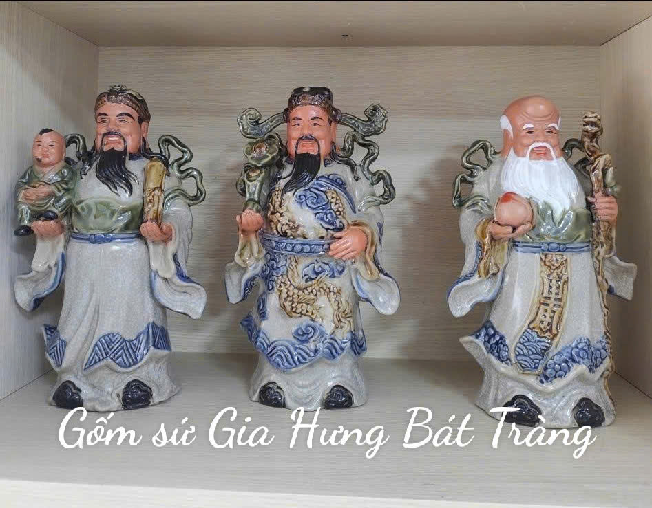 Tượng tam đa Phúc Lộc Thọ men rạn h32cm gốm sứ Bát Tràng