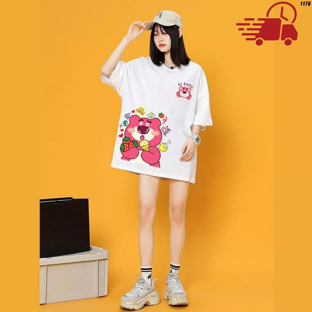 Áo thun tay lỡ unisex in hình Gấu dâu hồng Lotso đáng yêu