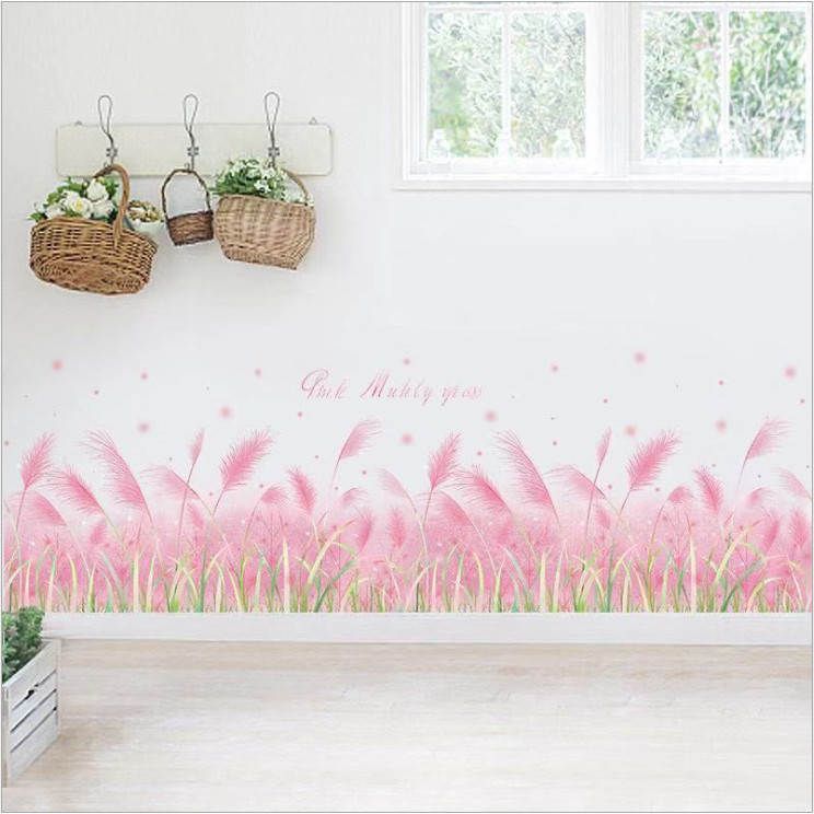 Decal dán chân tường Cỏ bông lau hồng dễ thương đẹp mộng mơ