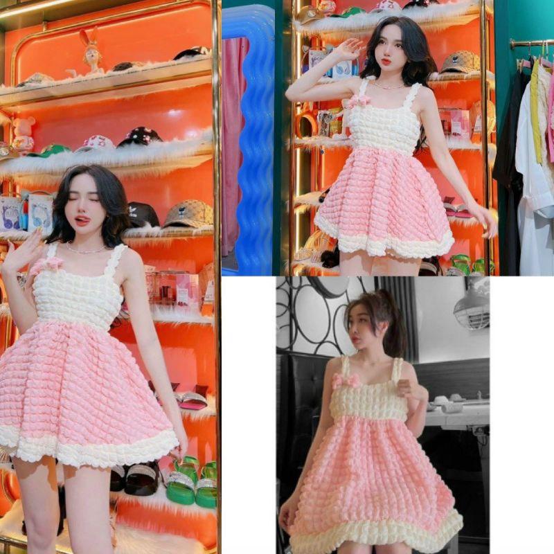 Váy babydoll nữ xoè 2 dây chất xốp ô phối trắng hồng trẻ đẹp phong cách duyên dáng mới bkfrreship