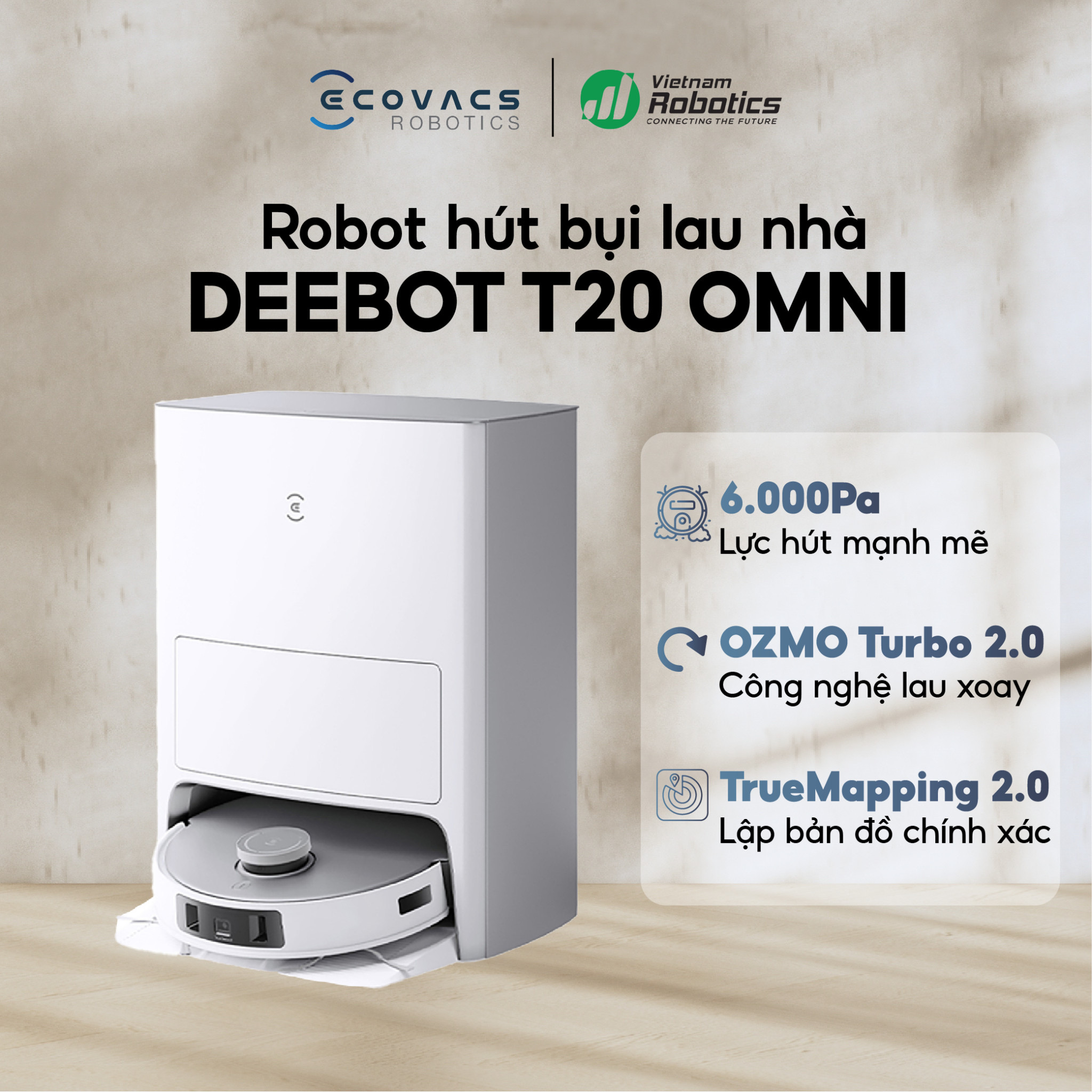 Robot hút bụi lau nhà Ecovacs Deebot T20 Omni- Trắng/bạc Bản Quốc tế - App Tiếng Việt, hàng nhập khẩu chính hãng full VAT, Bảo hành chính hãng 24 tháng