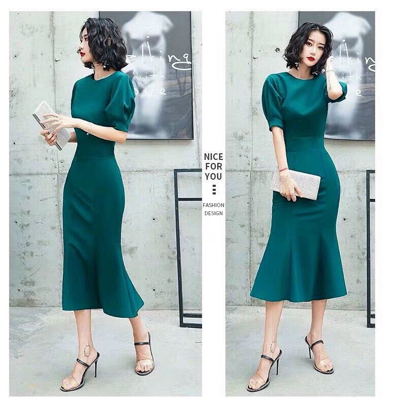 Đầm Ôm Đuôi Cá Tay Phồng - M - Xanh rêu