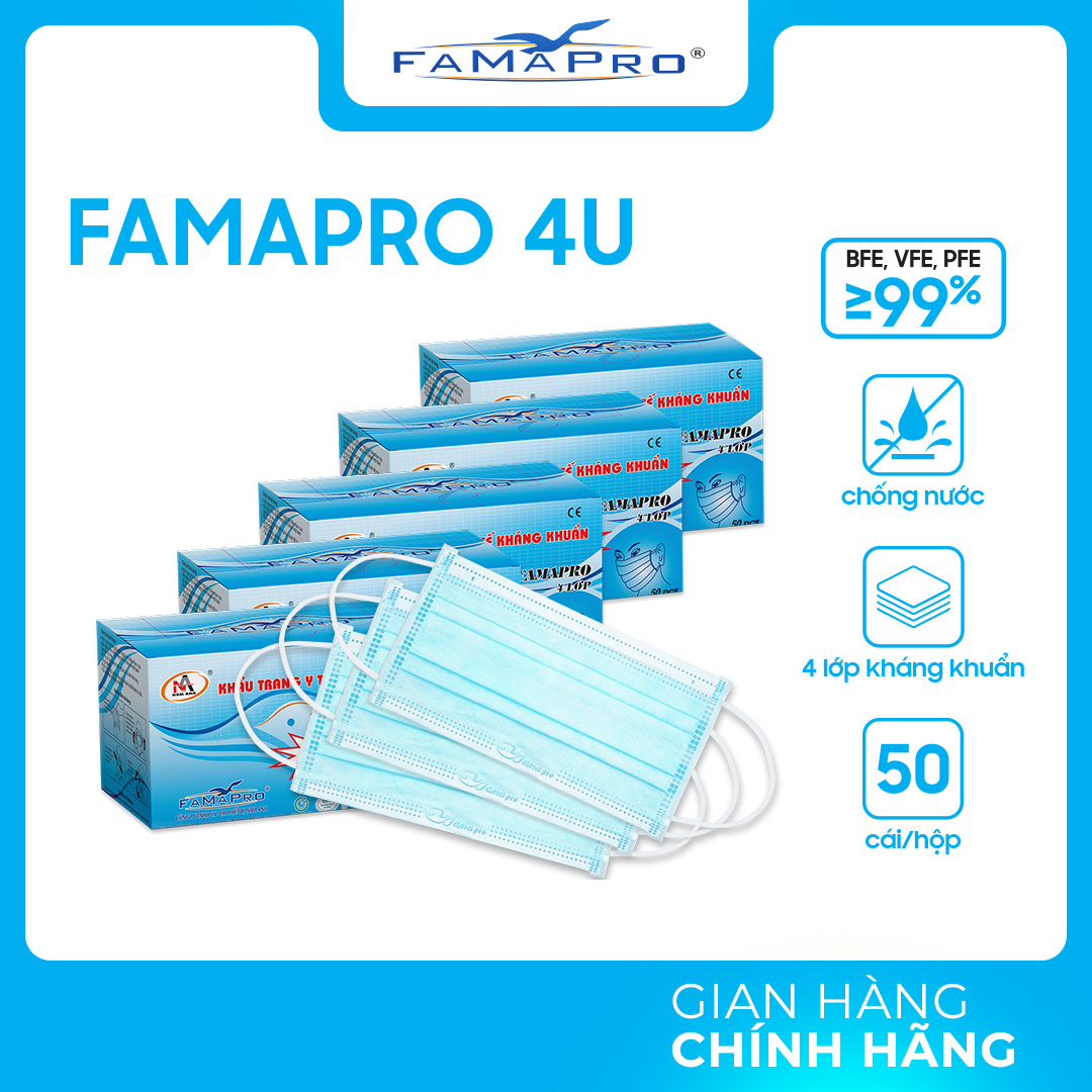 HỘP – FAMAPRO 4U – Khẩu trang y tế 4 lớp kháng khuẩn Famapro 4U 50 cái hộp  – XANH – COMBO 5 HỘP