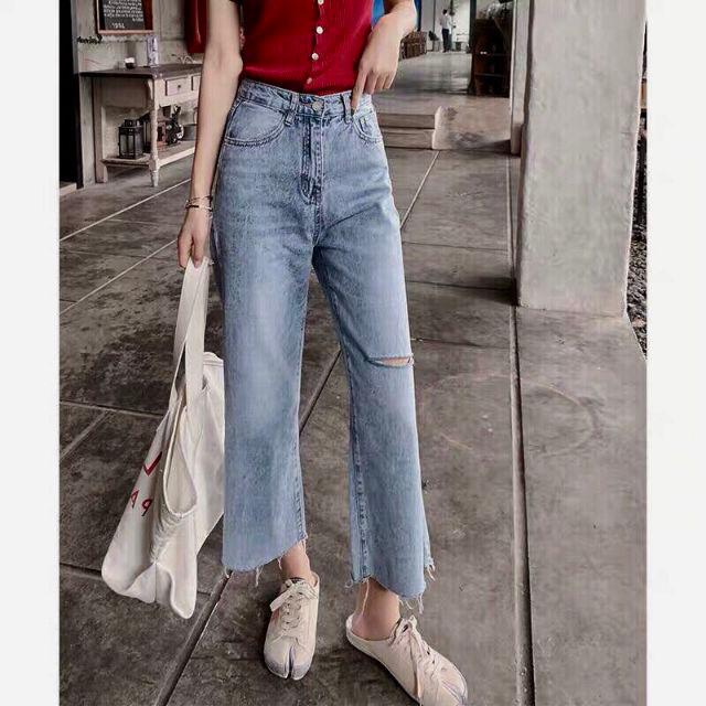 Quần baggy jean ống rộng rách 1 bên, hình thật quần trải sàn