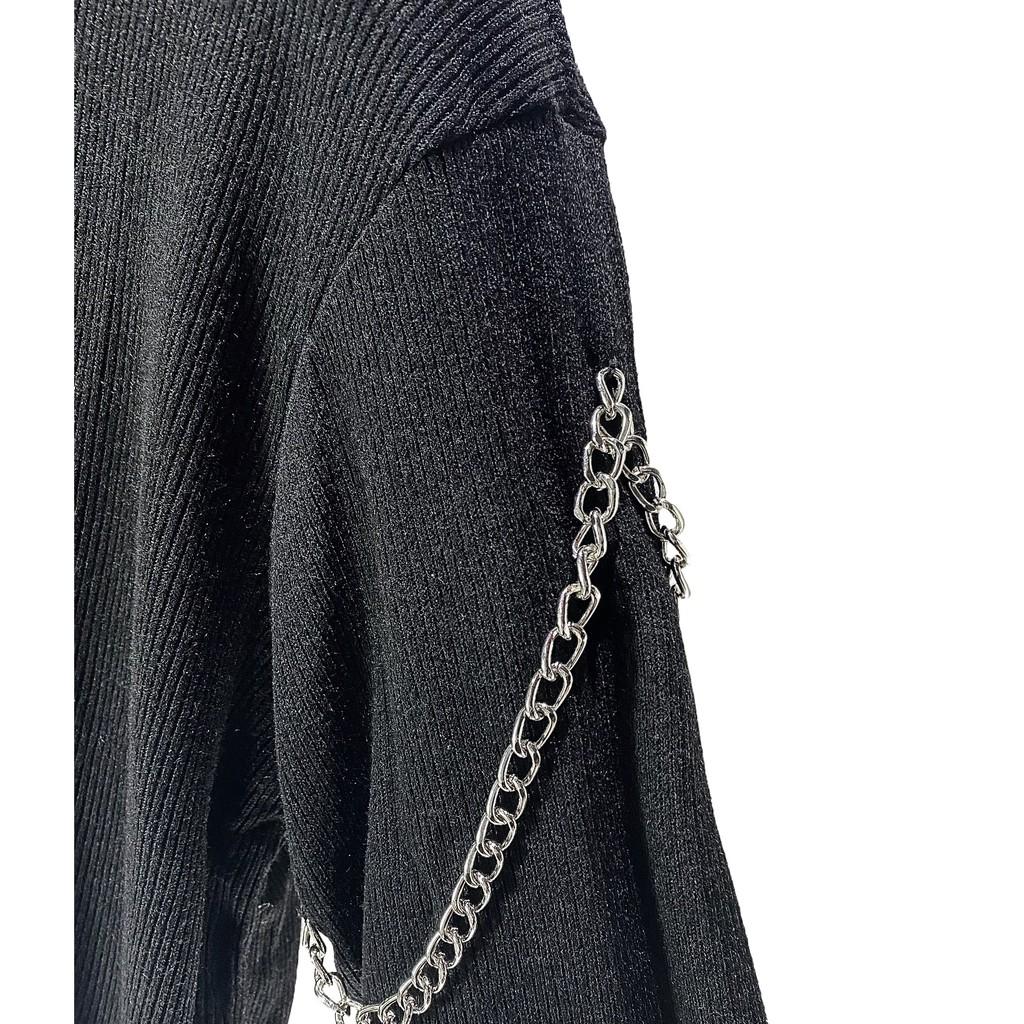 Áo len dài tay nam nữ 12.DESTINY phối xích kim loại cánh tay chất liệu Cotton Premium màu đen nhập khẩu