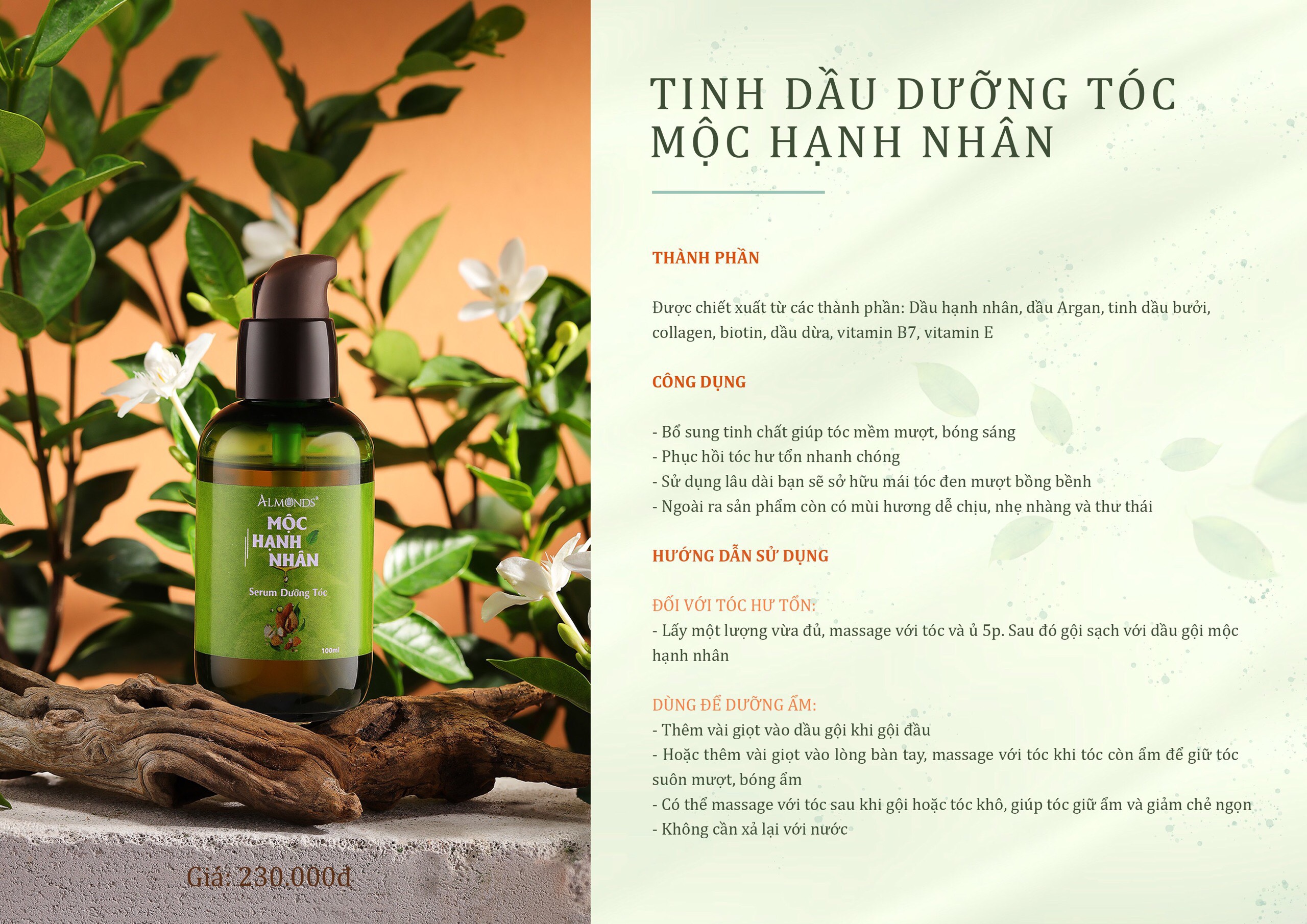 Serum dưỡng tóc mộc hạnh nhân Almonds- nuôi dưỡng và phục hồi tóc hư tổn gãy rụng- 50ml