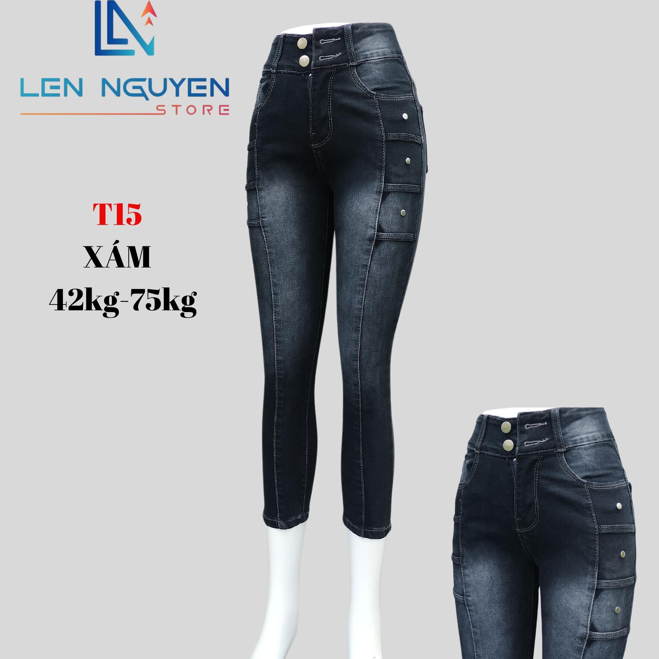 T15_9 tất xếp ly kết hợp dây ngang dài 85cm thiết kế cho 42kg đến 75kg Women Denim Lưng Cao Có Túi - Xanh Nhạt