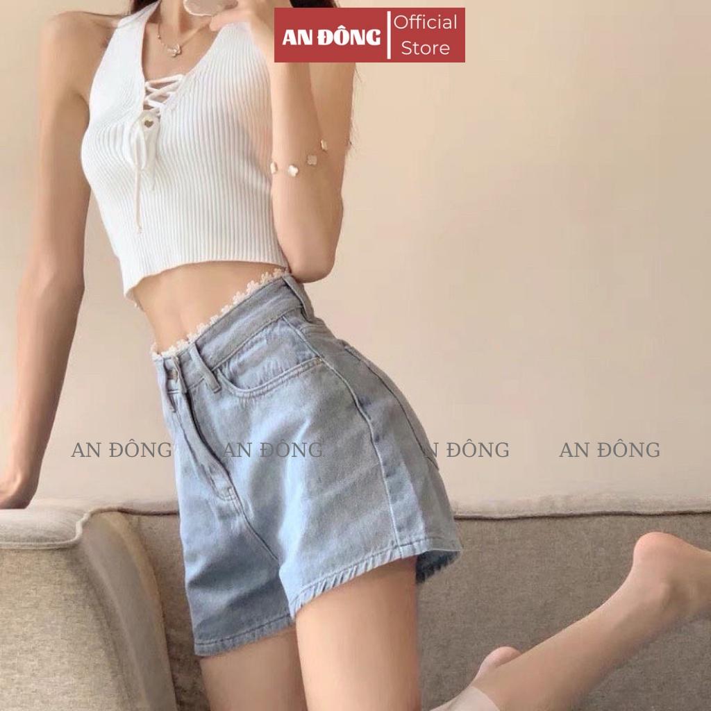 Quần short Jean nữ ống rộng, lưng cao phối ren - Quần Sooc Đùi Nữ Cạp Cao Ulzzang Thời Trang Hàn Quốc