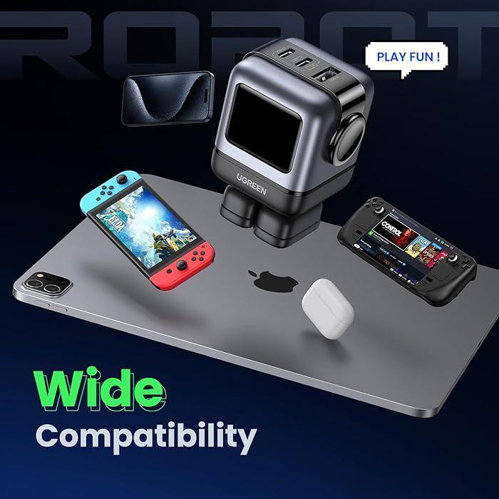 Ugreen UG15570CD361TK 65W 2c1a RG robotGaN with LCD bộ sạc Nexode robot chuẩn PD GaN 3 cổng chân cắm dẹp US RoboGaN màu xám đen 2 cổng usb type c và 1A - HÀNG CHÍNH HÃNG