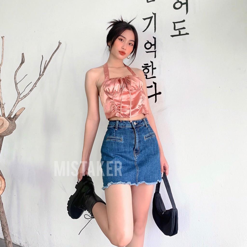 (Fullset)Áo Silk Crop- Váy short xẻ túi trước