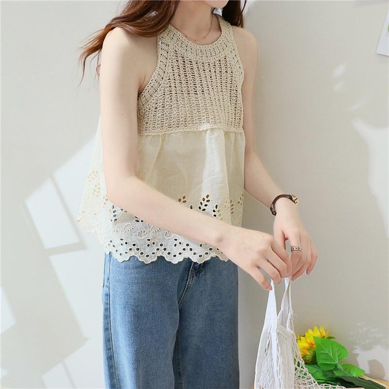 Áo kiểu nữ cổ yếm sợi móc mix vải thô boi viền hoa phong cách Hàn Quốc