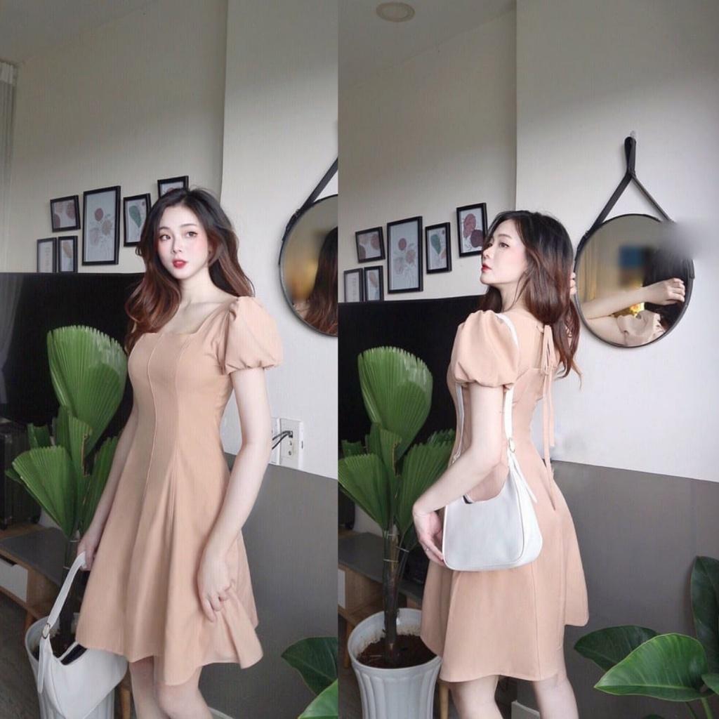 Đầm thiết kế dự tiệc, Váy xòe ngắn Cao Cấp màu nude dáng xòe cổ thuyền, đi tiệc đi chơi, nữ tính quyến rũ - MiNhi