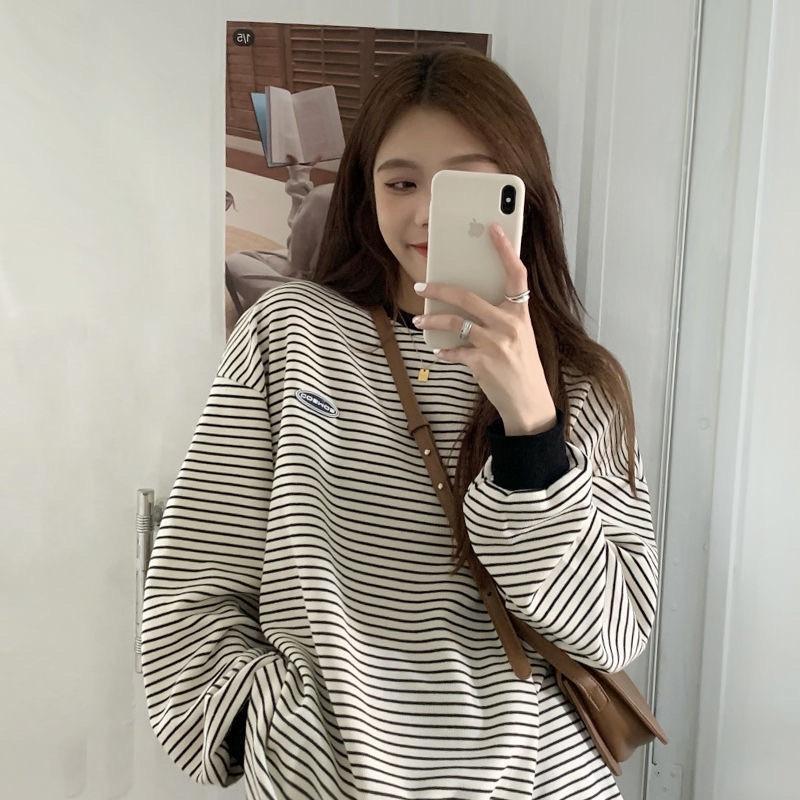 Áo Sweater Kẻ Sọc Tay Bo Form Rộng Nam Nữ Phong Cách Cá Tính Năng Động