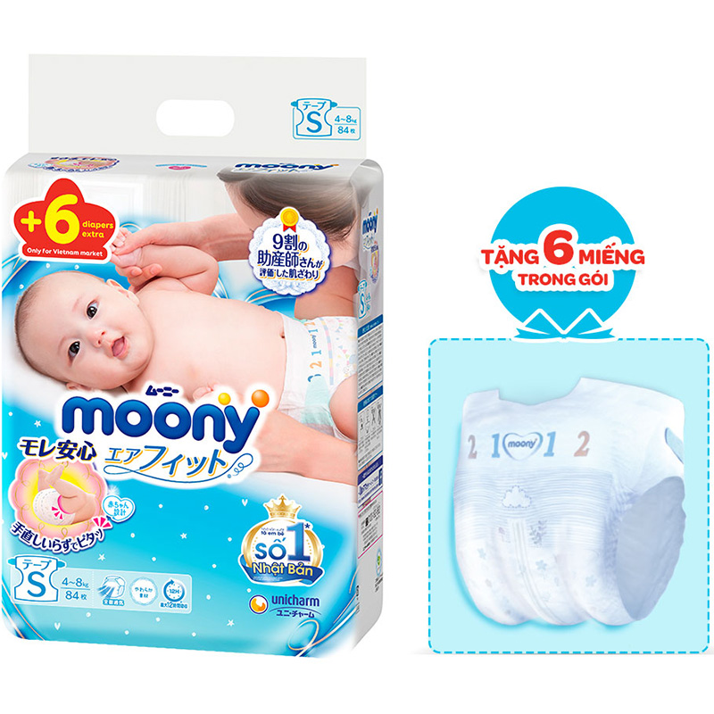 Tã Dán Cao Cấp Moony Nhật Bản S84 - Tặng 6 miếng trong gói