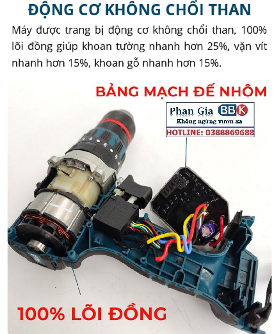 Máy Khoan Pin Boshun BS-ID1390BL Có Búa, Động Cơ Không Chổi Than 100% Lõi Đồng, Đầu AutoLock 13mm