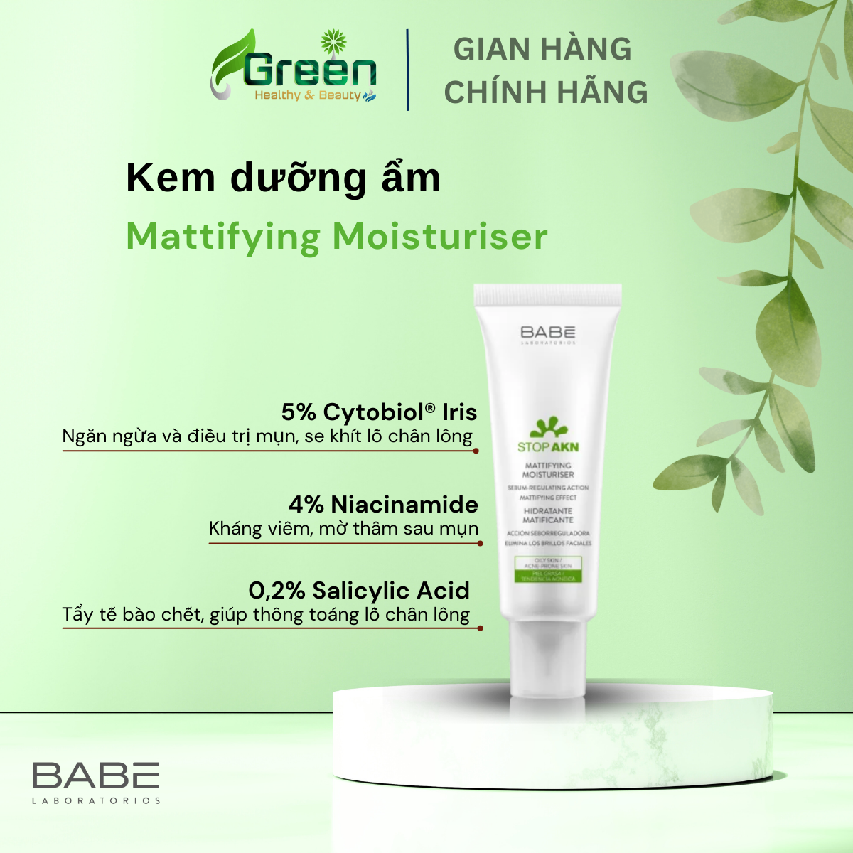 Kem dưỡng ẩm cho da dầu mụn BABE Stop AKN Mattifying Moisturiser (50ml)