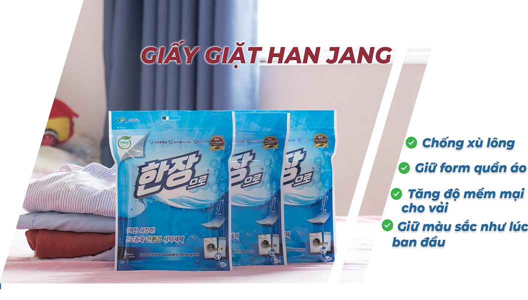 Giấy giặt quần áo Hàn Quốc Han Jang  công nghệ nano giặt xả 2 trong 1 - Tặng 3 bóng Cầu Gai Giặt Đồ Thông Minh