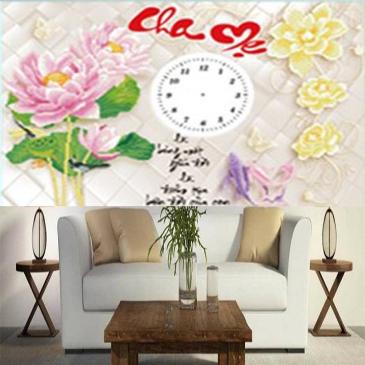 Tranh đá cha mẹ hoa sen đồng hồ DF617 - kích thước: 75 * 55cm.