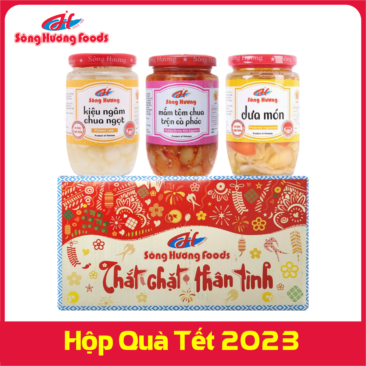 [Gói Quà tết] Kiệu chua ngọt 370g + Mắm tôm chua trộn cà pháoo 390g + Dưa món 430g Sông Hương Foods