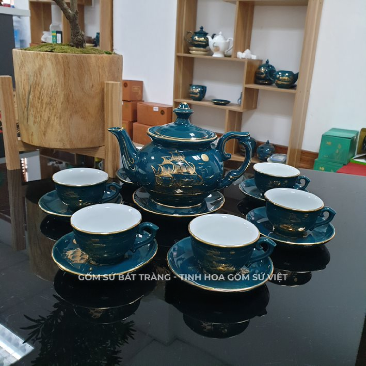 Bộ ấm chén uống trà cao cấp , bộ ấm trà Bát Tràng - thuận buồm xuôi gió xanh mallard
