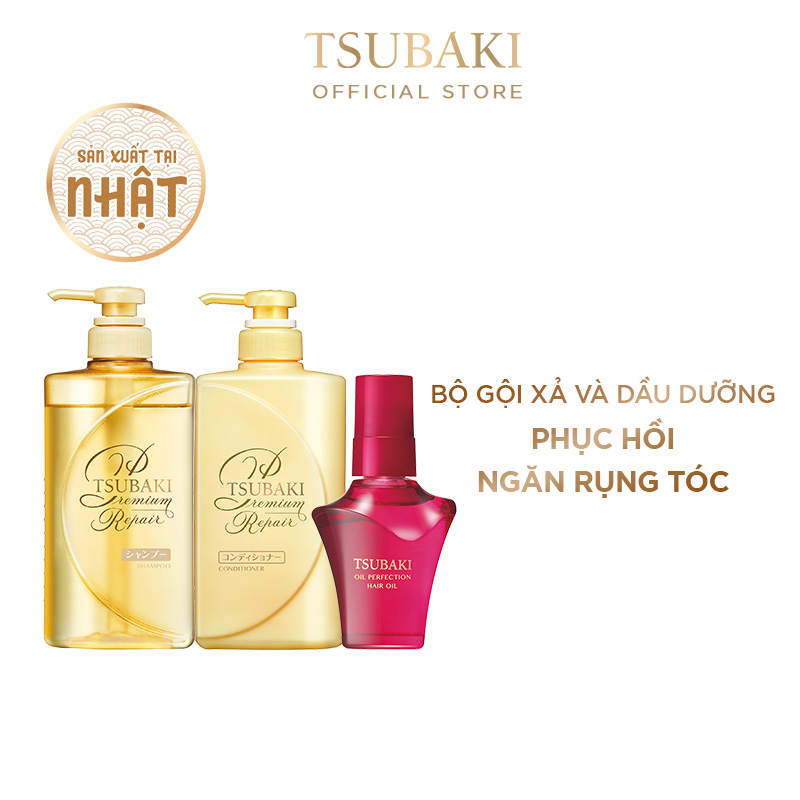 Bộ ba Tsubaki Premium Phục hồi ngăn rụng tóc &amp; Bảo Vệ Tóc Trước Tác Hại Của Tia UV (Gội Xả 490ml/chai + Dầu dưỡng tóc 50ml)