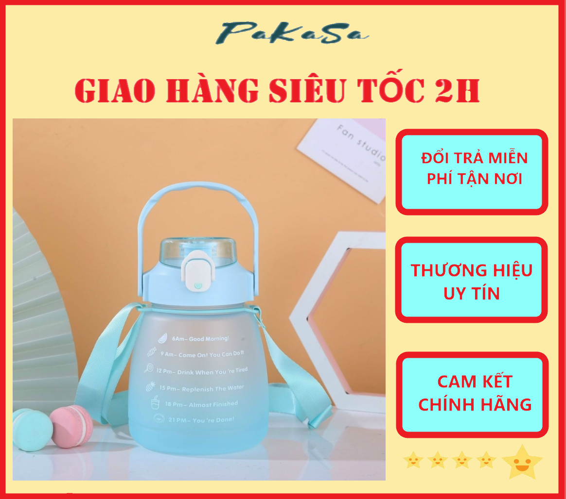 Bình Đựng Nước Cute Chia Vạch Nhắc Giờ Uống Nước Có Dây Đeo 1300ml Hàng Loại 1 - Chính Hãng 