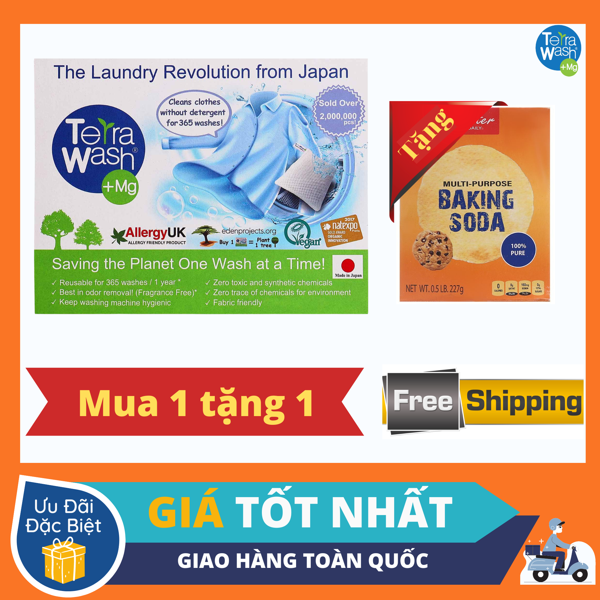 Terra Wash +Mg Túi Giặt Thay Thế Xà Phòng Made In Japan - Tặng Baking Soda.